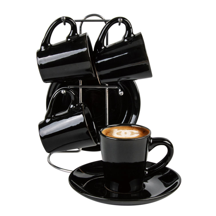 Corrigan Studio Christmas Gift Choice: Espresso Cups and Saucers Set of 4. Small 4 Ounce Stackable Espresso Cups with Rack. Stacking Espresso Coffee