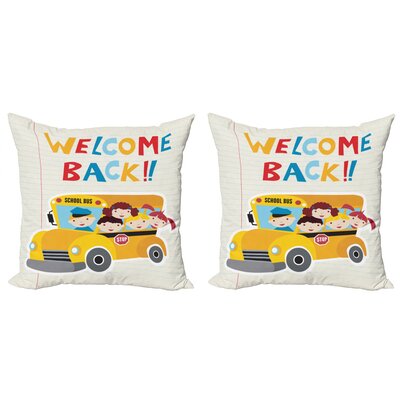 Ambesonne School Bus Throw Pillow Cushion Cover Pack Of 2, Welcome Back Typography Children Looking Out On Their Way To Learning Cartoon, Zippered Dou -  mictwo_91091_16x16