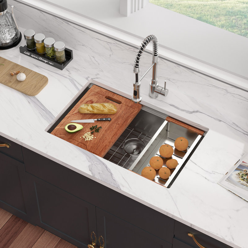 30"L Undermount Workstation Single Bowl Honeycomb Finish 16 Gauge Stainless Steel Kitchen Sink