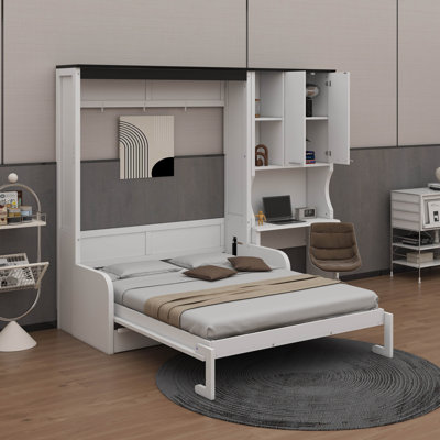 Lit escamotable double pleine grandeur avec canapé, bureau et armoire de rangement