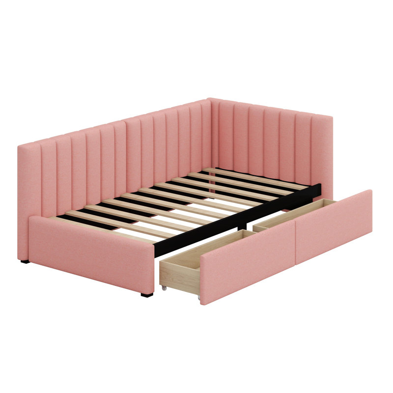 Lit de jour rembourré avec tiroirs de rangement, Rose