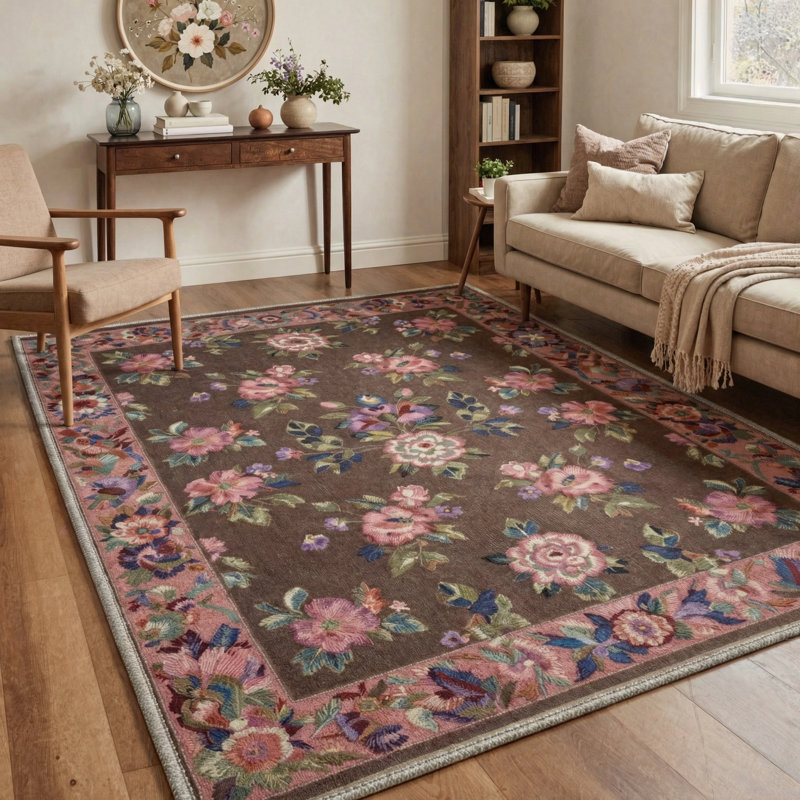Verdant Vintage Floral Machine Washable Pink / Green / Brown Indoor Area Rug with Non-Slip Backing, Rectangle 5' x 7'