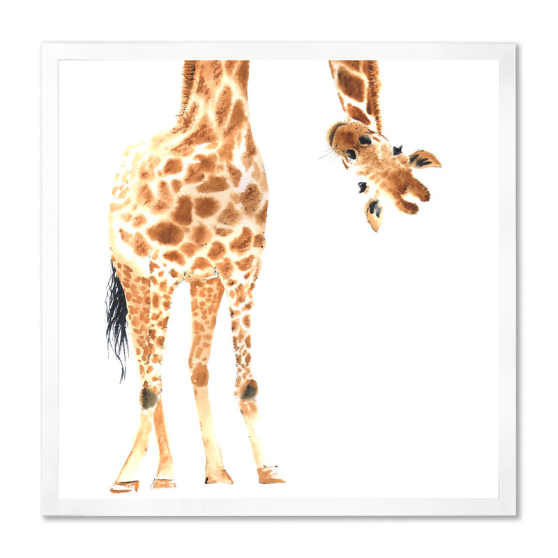 Portrait d'une girafe sur blanc - peinture sur toile, H 30 po x l 30 po, Cadre de coin blanc fermé