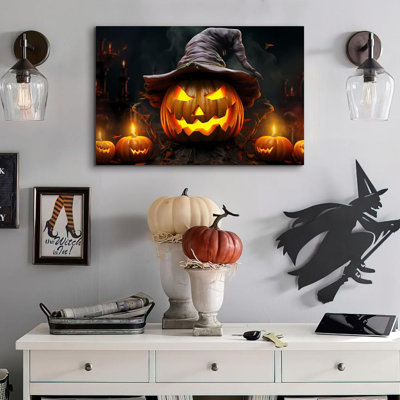 Halloween Wall Art Wall Decor For 24 X 16 Inch, Hooded Pumpkin Candles Picture, Haunted Mansion Dccorations, Print On Canvas For Living Room Bedroom Party Outdoor