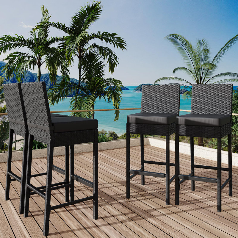 Set of 4 Wicker Bar Stools – Premium Rattan Outdoor Patio Chairs with Armless Bar Height & Soft Seat Cushions