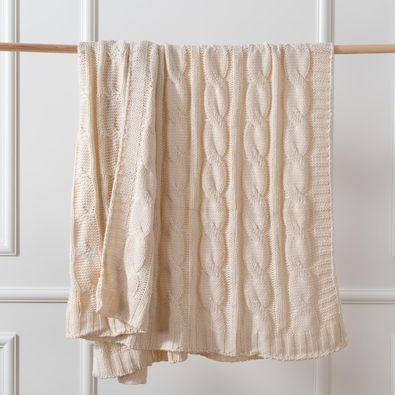 Cream Cable Knit Acrylic Throw Blanket, 50"x60"