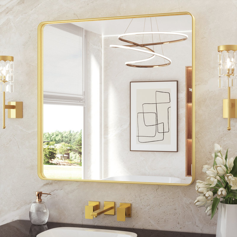 Miroir de salle de bain plombier en aluminium incassable et résistant à la rouille , Or brossé, 36 po x 36 po, Carrée