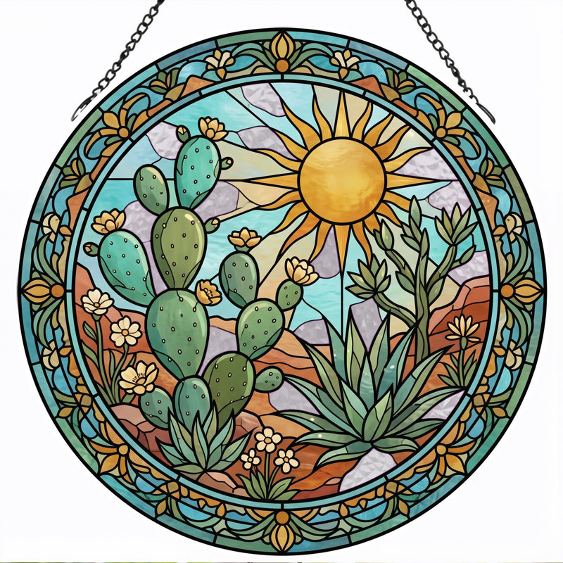Desert Sunlight Stained Glass Window Panel，7.8H, 7.8"H