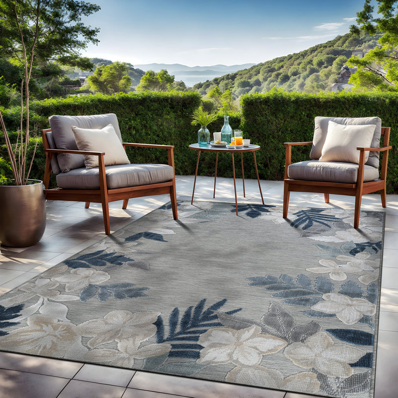 Tapis floral d'intérieur pour l'extérieur, Blue, Rectangle 10' x 14'