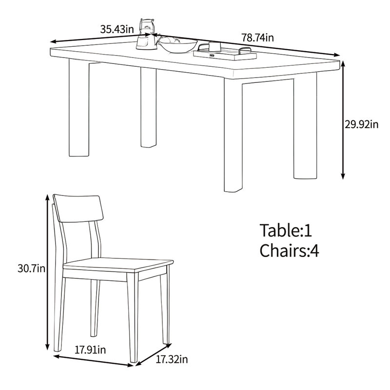 Ensemble de table en bois massif haut de gamme, H 29,92 po x L 78,74 po x l 35,43 po