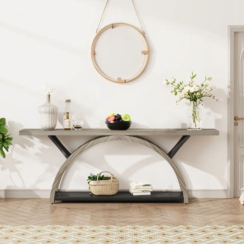 2-Tier Console Table, 70.86" Entryway Table with Half Moon Frame, Gray