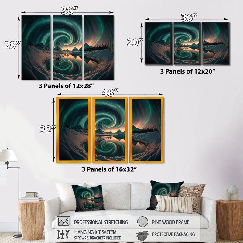Aurores boréales magiques «Northern Lights IV», reproduction sur toile 3 pièces, H 32 po x l 48 po x P 1 po