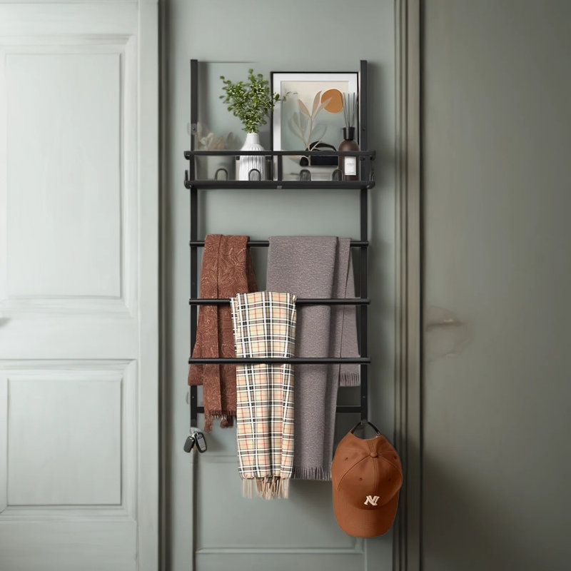 Over The Door Towel Rack With Shelf And Hooks - Space-Saving Bathroom Storage Organizer For Quick Drying Towels And Essentials