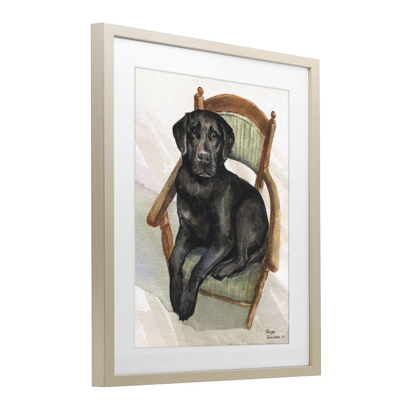 Labrador noir sur chaise, reproduction sous verre, conception de George Dyachenko, H 21 po x l 17 po