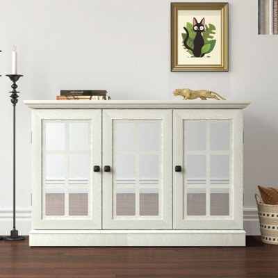 Armoire de rangement de 45 po de largeur avec 3 portes en miroir en acrylique, buffet avec tablettes réglables pour le salon, la cuisine et la salle à manger, fabriquée avec des stratifiés décoratifs et un support en panneau de fibres à densité moyenne
