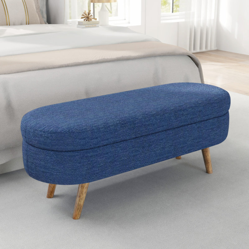 Ottoman Oval Storage Bench with Rubber Wood Legs, Blue Linen