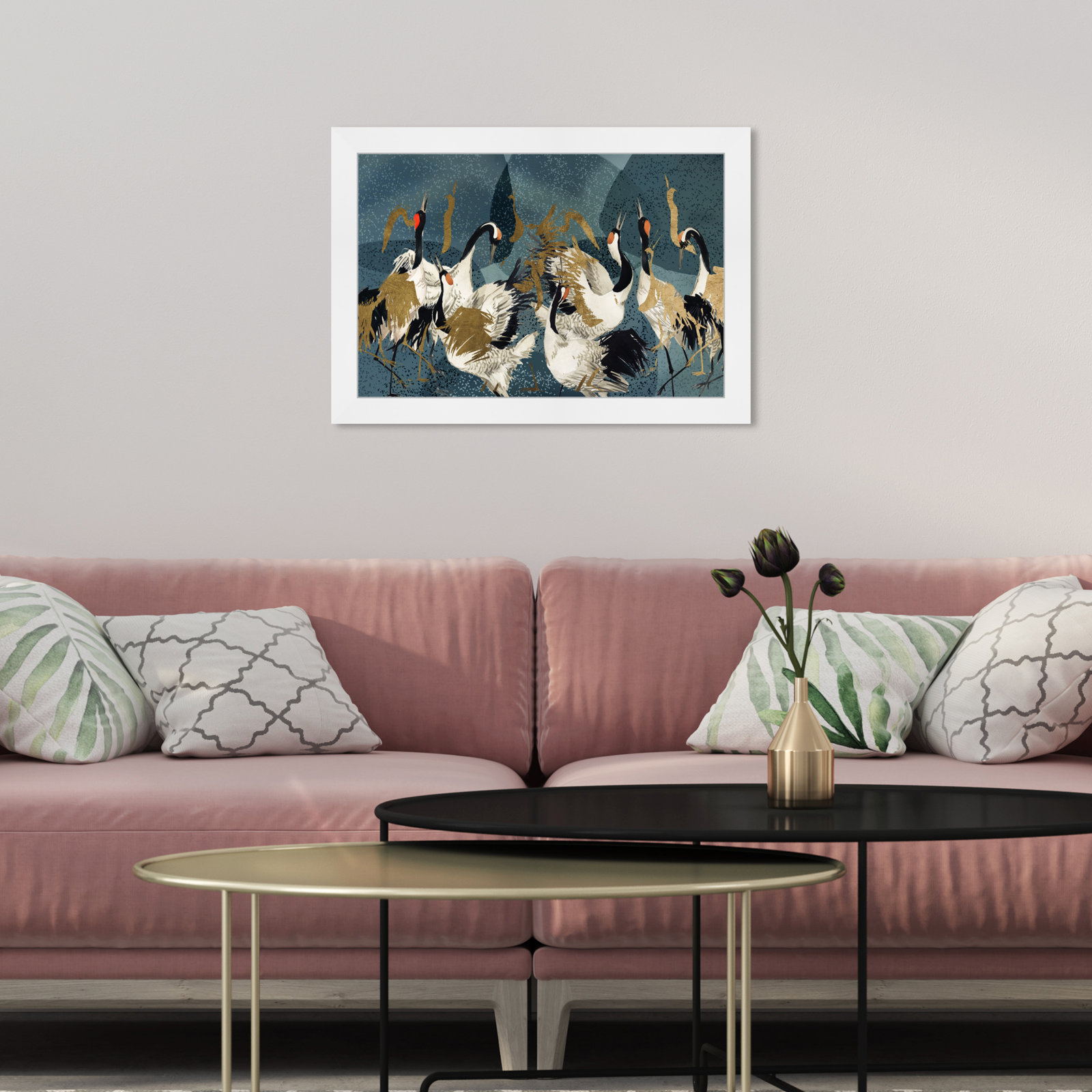 "Crane Love" by Oliver Gal Acrylic Painting Print with Mounting Hardware , White Framed, 12" H x 17" W