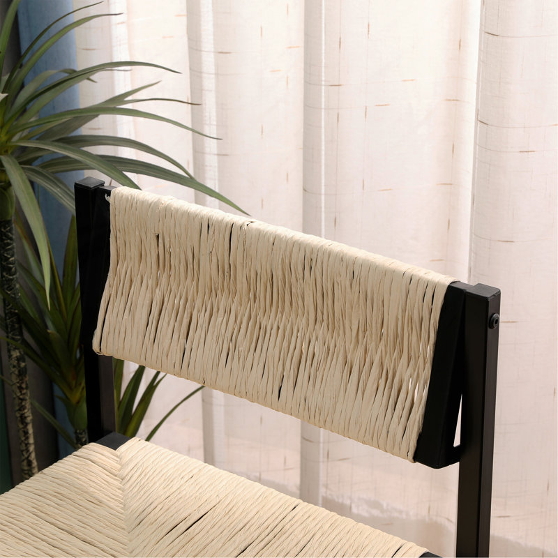 Ensemble de 2 tabourets de bar en papier tissé à la main avec repose-pieds pour îlot de cuisine, blanc crème, Blanc crémeux