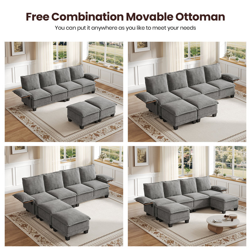 122" Waterproof Chenille U-shape Sofa With Collapsible Table, 4-seat Sectional Upholstered Couch With Two Ottomans For Living Room, Apartment