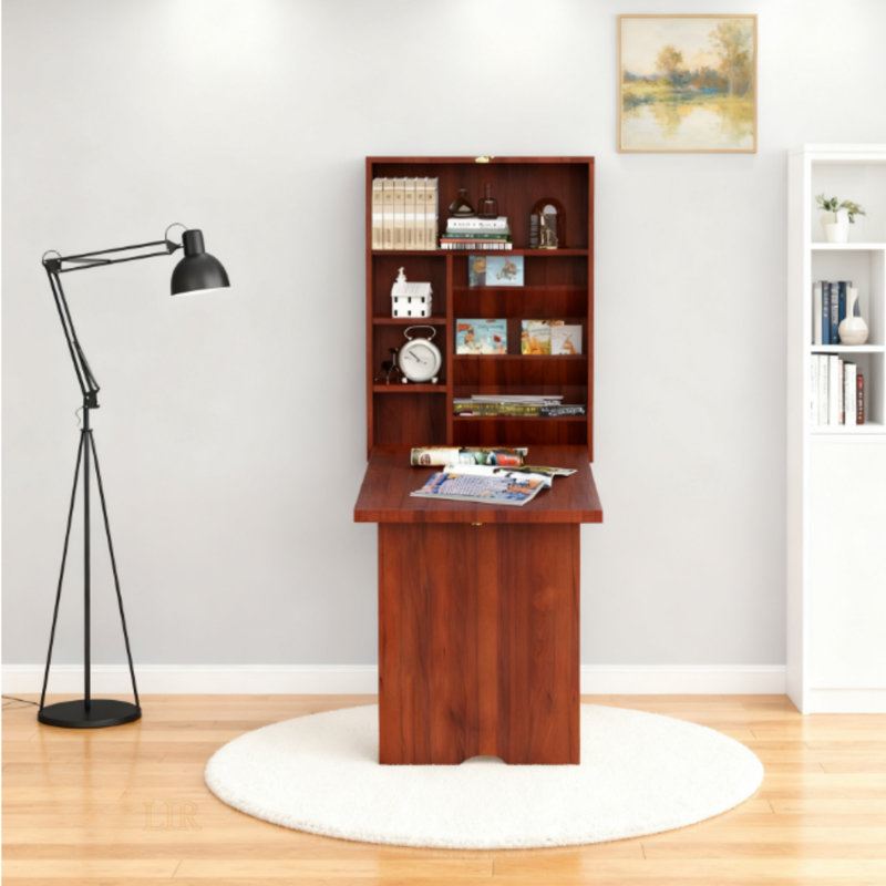 Bureau convertible mural escamotable avec beaucoup de rangement, idéal pour les espaces compacts et les intérieurs modernes, finition acajou.