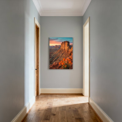 Ensemble de 1 tableau sur toile tendue représentant un coucher de soleil dans un canyon désertique avec des fleurs oranges