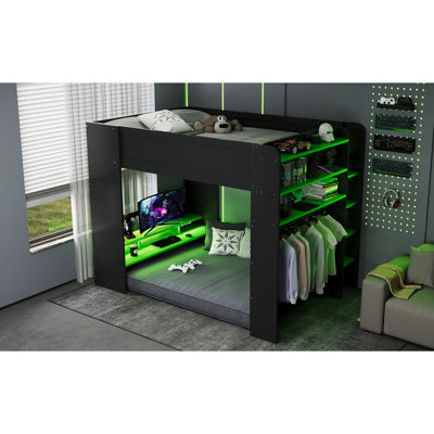Full Size Wood Bunk Bed with height-adjustable Desk,Wardrobe,Ample Storage Space,and RGB Light, Green(OLD SKU:LT000266AAG)