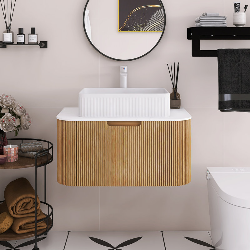 Meuble-lavabo mural de 30 po avec bords arrondis et conception rayée, armoire de rangement avec tiroir, lavabo rectangulaire en céramique blanche.