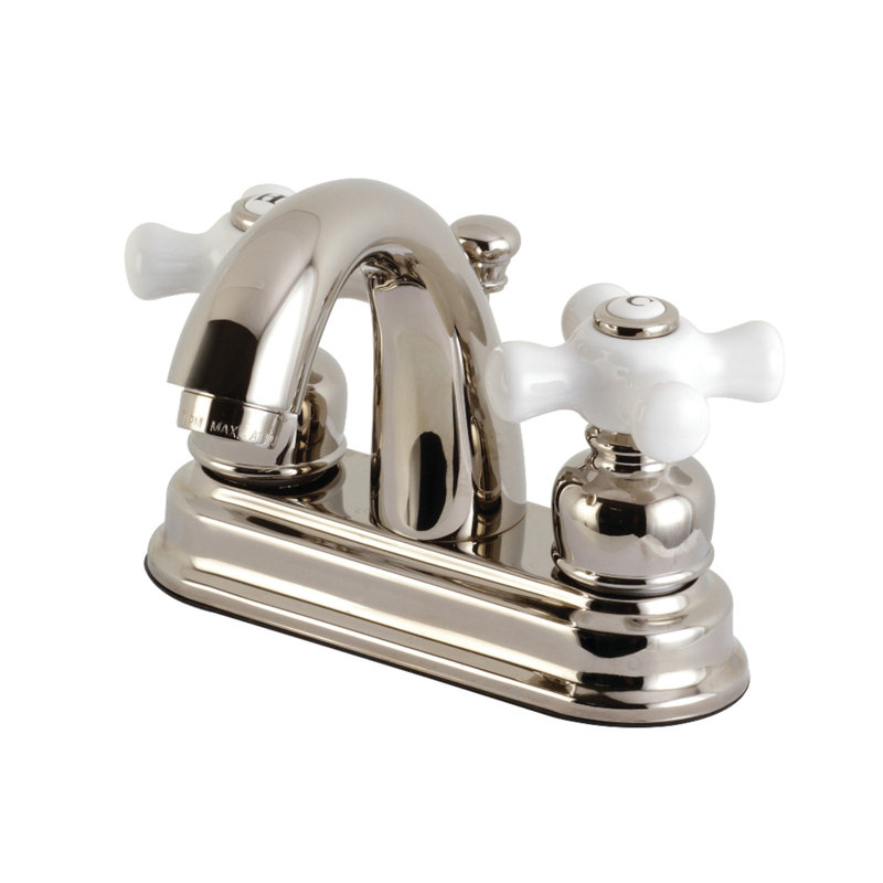 Kingston Brass Restoration Two-Handle 3-Hole Deck Mount 4" Centerset Bathroom Faucet with Plastic Pop-Up, Polished Nickel