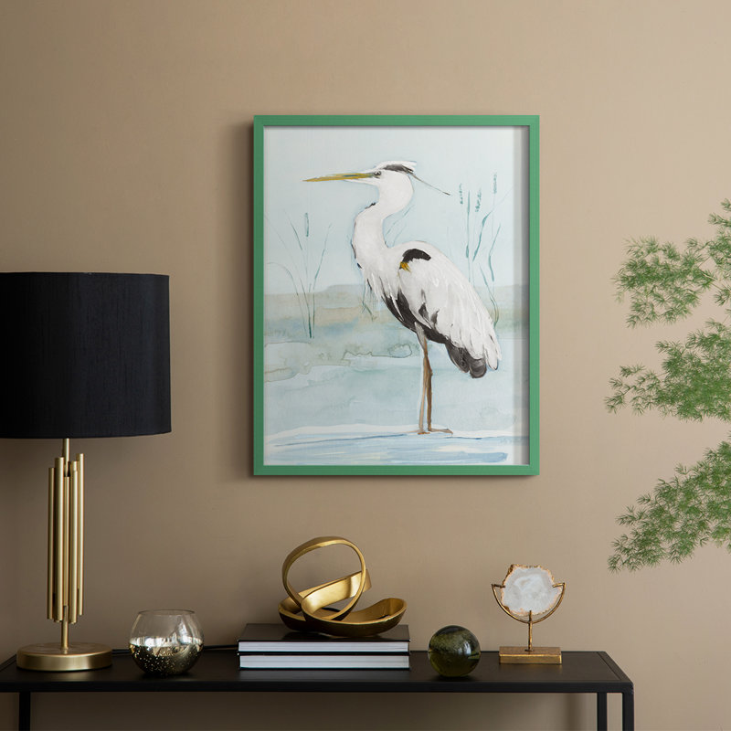 Heron on Blue II, reproduction encadrée - bois massif, H 15 po x l 12 po, Vert