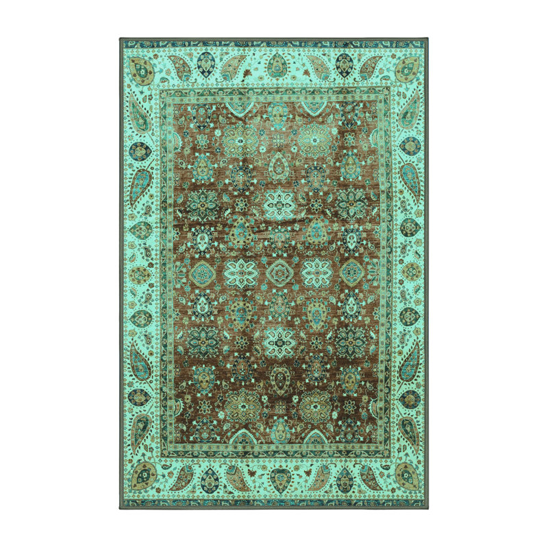 Tapis oriental fabriqué à la machine en bleu / vert / brun, Rectangle 2 pi x 3 pi