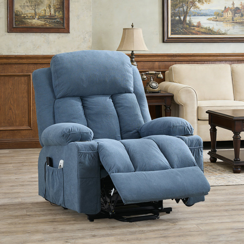 Katrein 38.30" W Lift Chair - Heated Massage Electric Recliner with Soft Padding, Blue Fabric