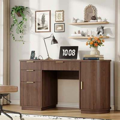 55" Fluted Executive Desk, Mid Century Modern Computer Desk with Drawers and Charging Station, Home Office Wooden Writing Desk with File Drawer & Stor