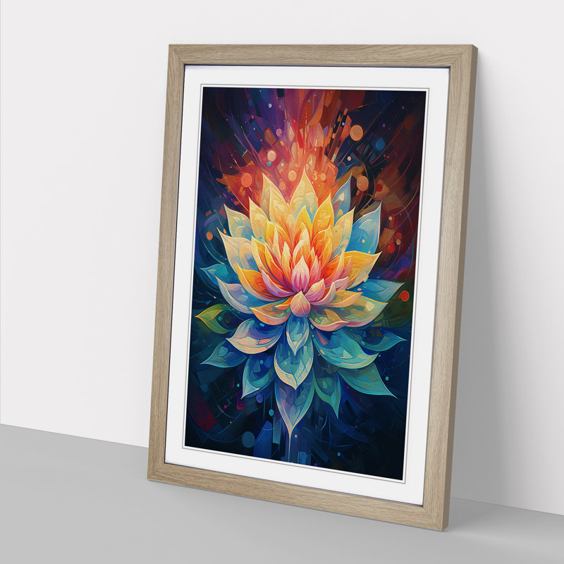 Lotus Flower Orphism - Single Picture Frame Print on Wood, 64cm H x 46cm W x 2cm D, Oak