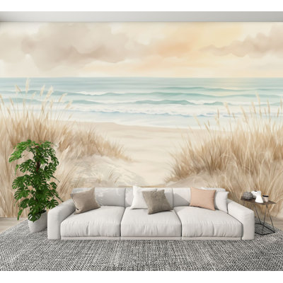 Coastal Peel and Stick Wallpaper Serene Beach Pathway Soft Sand Ocean View Sunset Wall Murals 100"H x 144"W Removable PVC Wall Paper Self-Adhesive Wall Decor for Bathroom Kids Bedroom Living Room Home Nursery