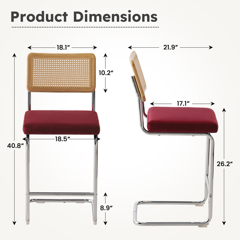 Bar Stool, Set of 1, 26.2" Height Counter Stool, Natural Rattan Back with Thick Padded Seat & Metal Legs – Mid-Century Modern, Red