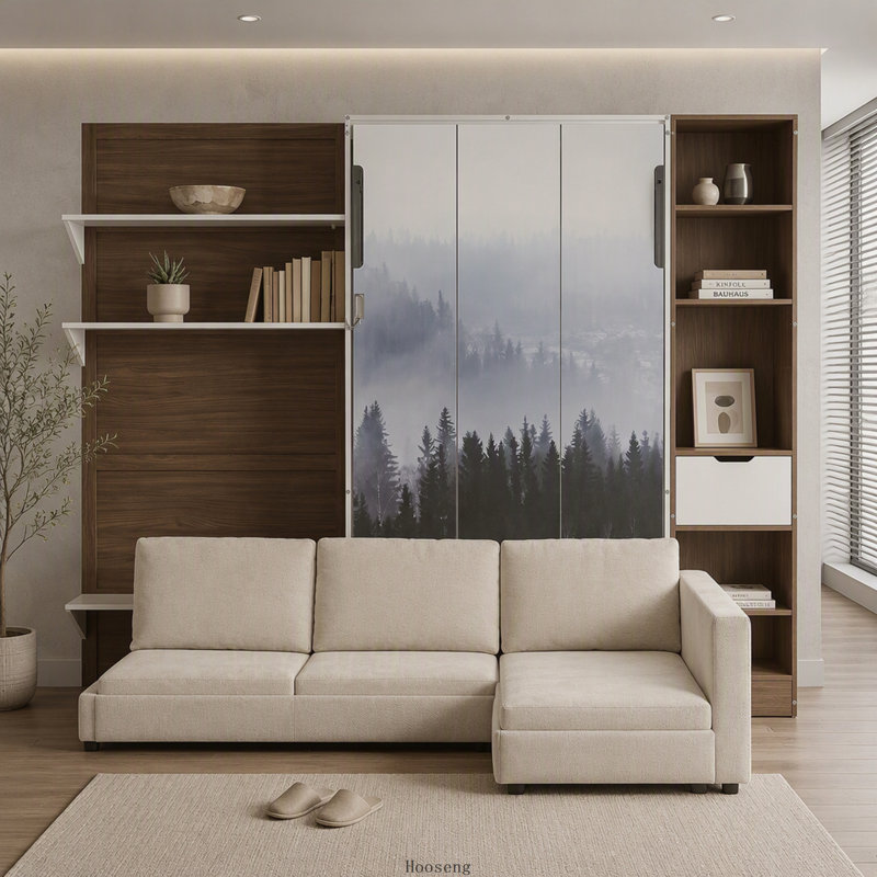 Lit escamotable double avec armoire de rangement, tablettes ouvertes, port USB et façade de canapé, blanc, Blanc