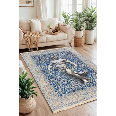 Aethelred Blue Ornate Statue Classic Area Rug