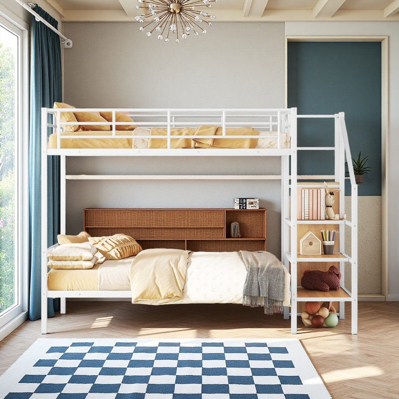 Lit superposé double en métal avec garde-robe, Blanc