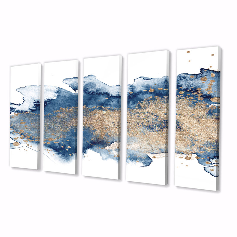 «Blue and Gold Marble Clouds II», reproduction d'art sur toile moderne - 60 x 28 - 5 panneaux