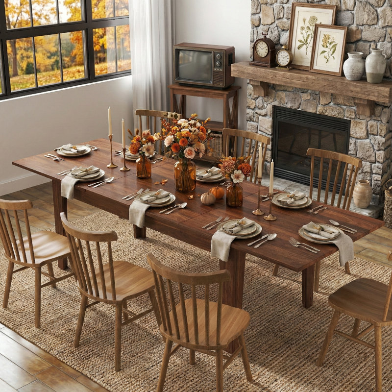 106.5" Extendable Dining Table for Small Spaces, Wood Grain Finish with Clean Lines, Seats Up to 10