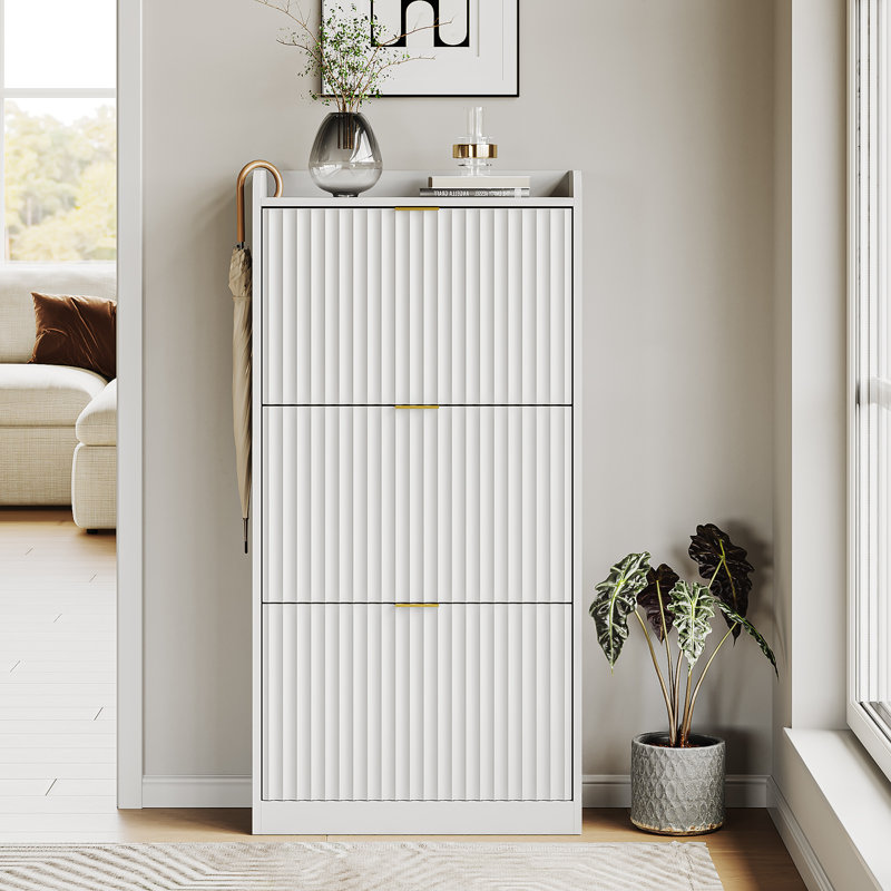 18 Pair Shoe Cabinet With 3 Flip Drawers And Adjustable Shelves, Shoe Organizer For Entryway Hallway, White, White