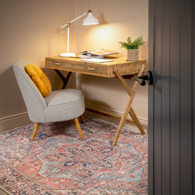 Machine Washable Red Traditional Tribal Patterned Distressed Living Room Area Rug, Rectangle 60 x 110cm