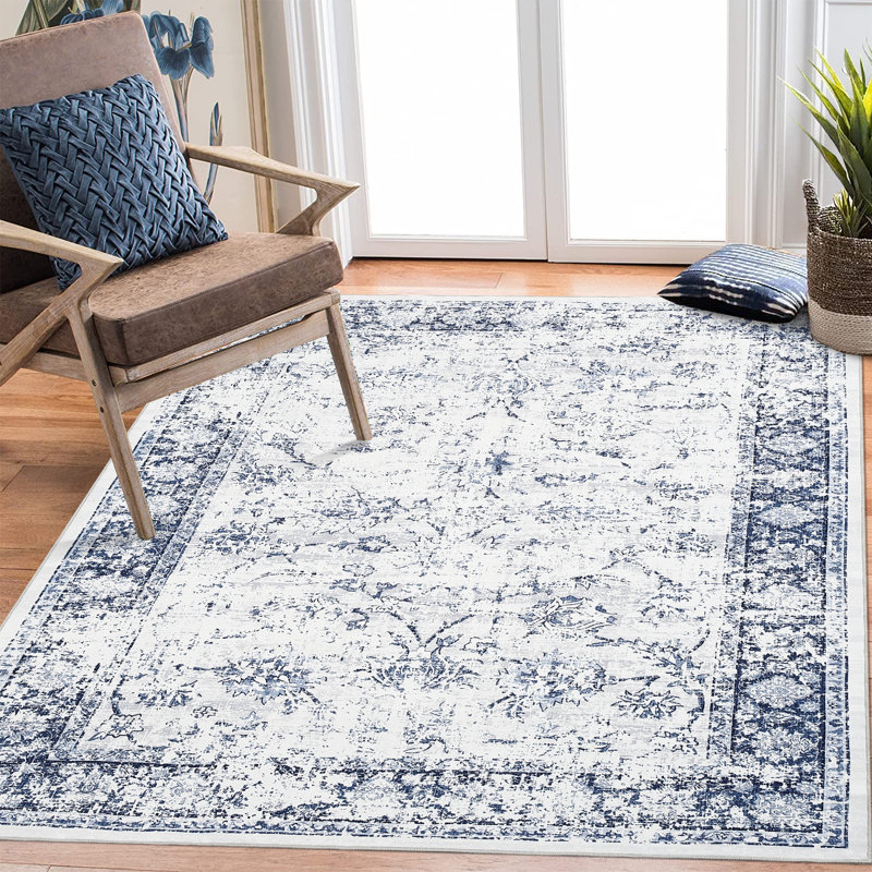 Vintage Area Rug Machine Washable Foldable Rug with Non Slip Carpet for Living Room Bedroom Dining Room, Blue