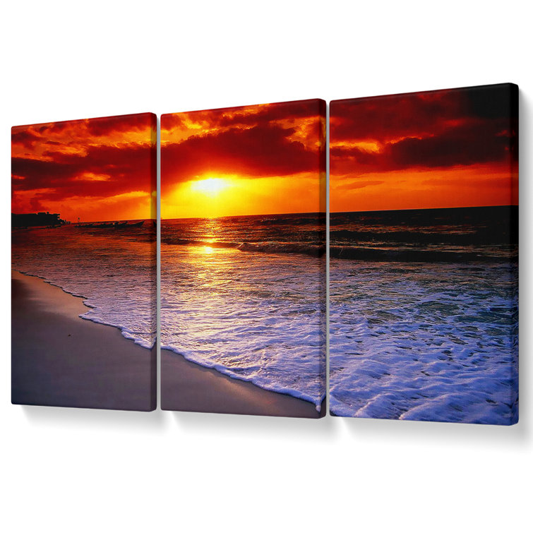 Red Ocean Shoreline Canvas 3 Panel Set