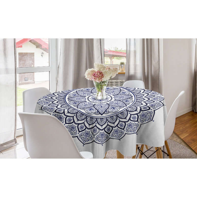 Ambesonne Blue Mandala Round Tablecloth, Detailed Intricate Meditative Floral Inspired Circular Motif Pattern, Circle Table Cloth Cover For Dining Room Kitchen Decoration, 60", Night Blue And White