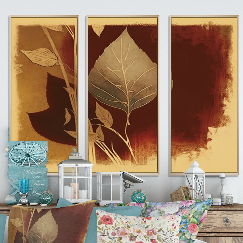 «Terra Cotta Chocolate Leaves VII», reproduction sur toile 3 pièces, H 32 po x l 48 po x P 1 po, Toile avec cadre naturel