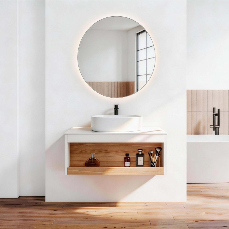 Meuble-lavabo flottant avec lavabo vasque et tablette ouverte, conception moderne peu encombrante, Blanc