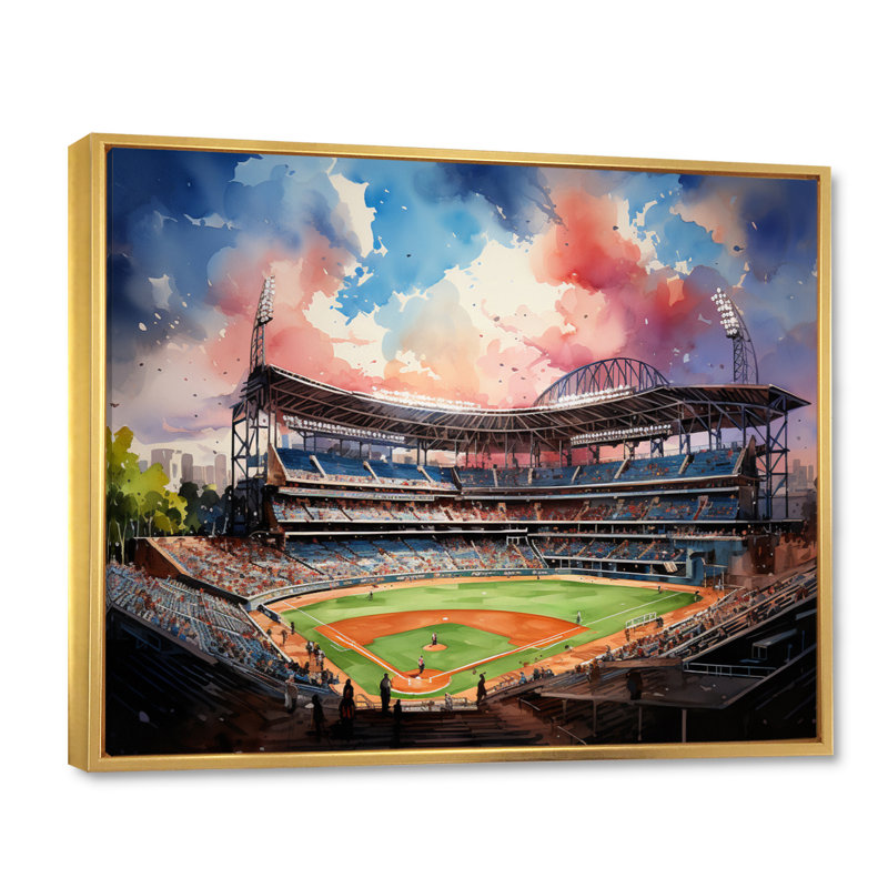 Abstract Baseball Stadium III - Stadiums Wall Art Decor, 24" H x 32" W x 1" D, Gold Floater Framed