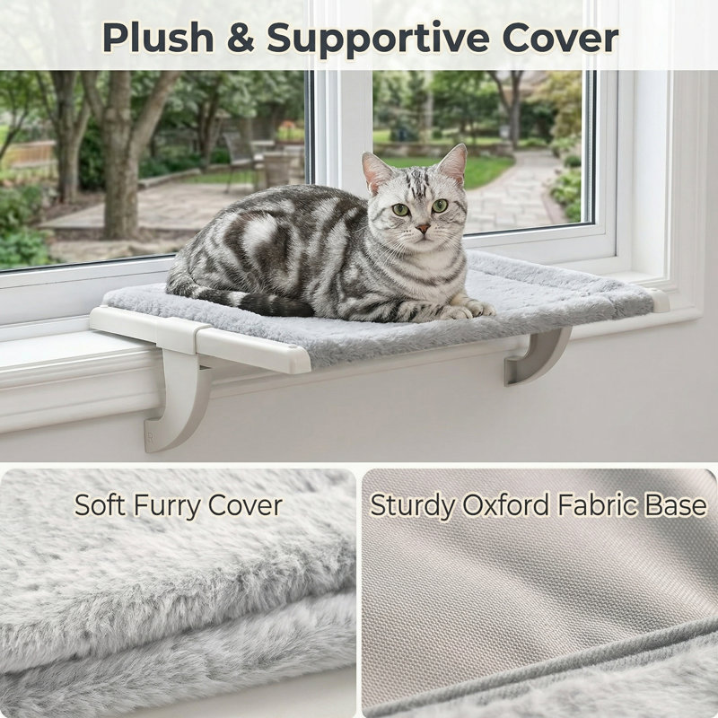 Perchoir pour chat pour fenêtre avec support de fenêtre, ajustement de la fente de serrage coulissante en une étape, hamac pour chat avec housse lavable, sans ventouses, pour rebord de fenêtre et de chevet, moyen
