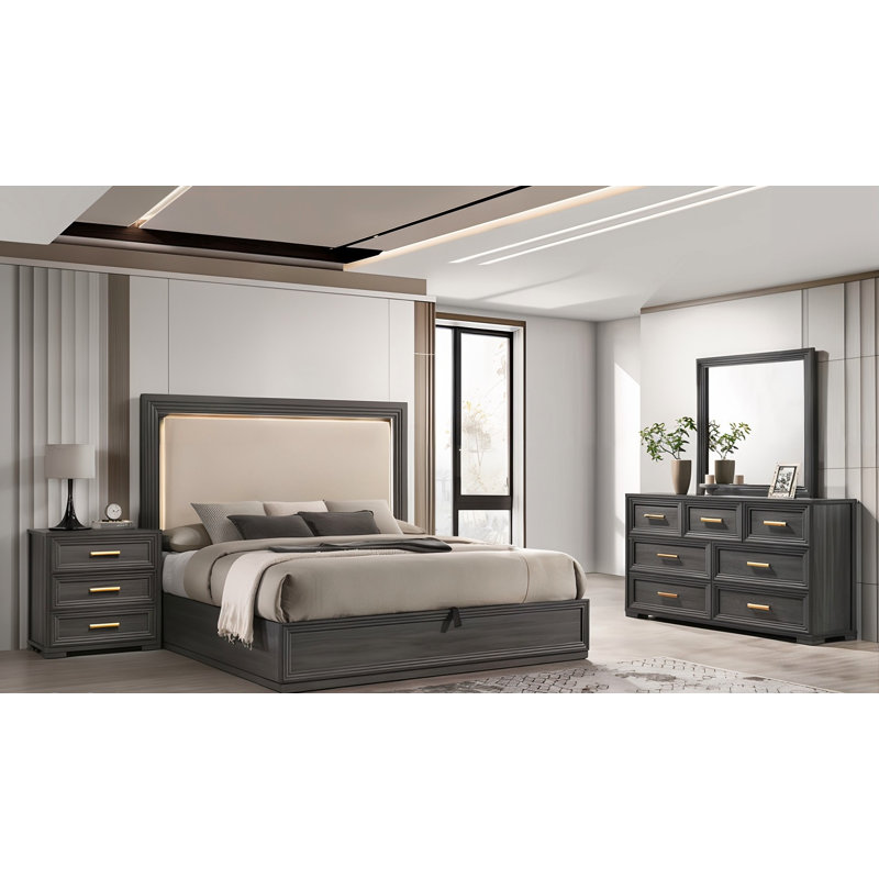 Ensemble de chambre à coucher 4 pièces 2041 Gris anthracite Hewett, Gris anthracite, Très grand